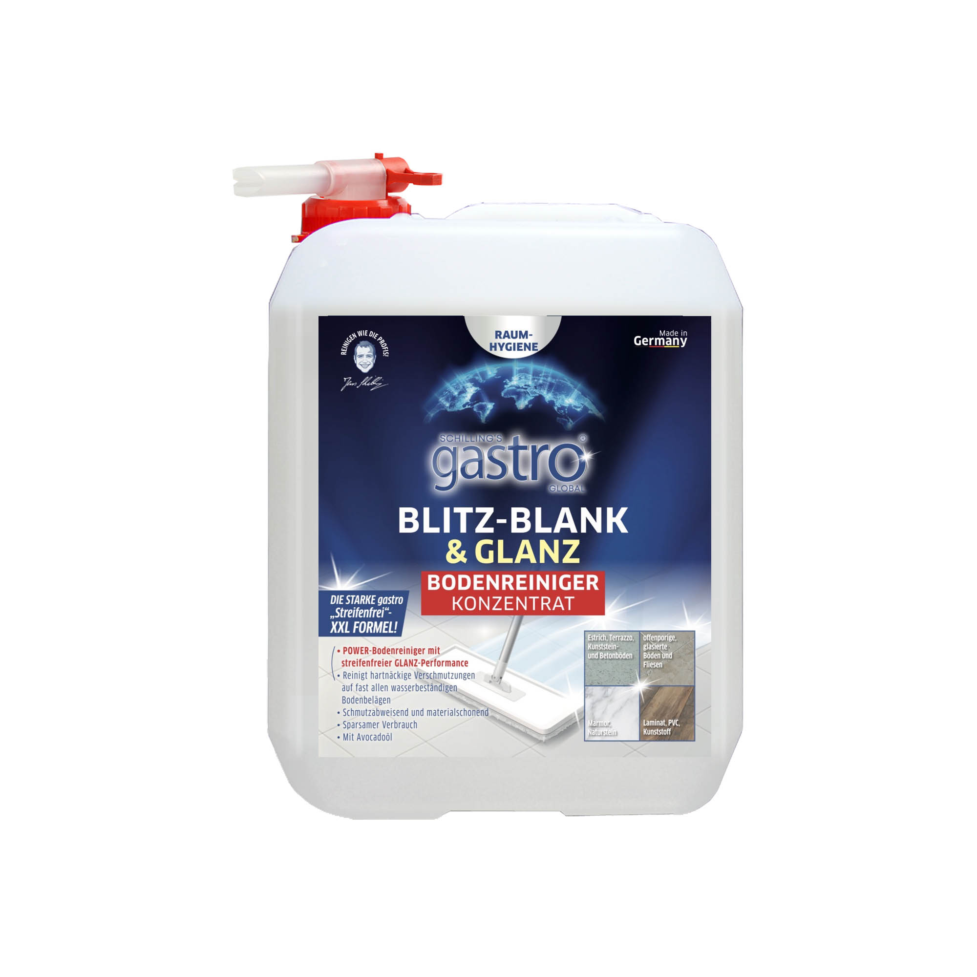 Schilling's gastro Blitz-Blank & Glanz Bodenreiniger Konzentrat, 3 Liter, Streifenfreie Reinigung, Materialschonend, Mit Avocadoöl