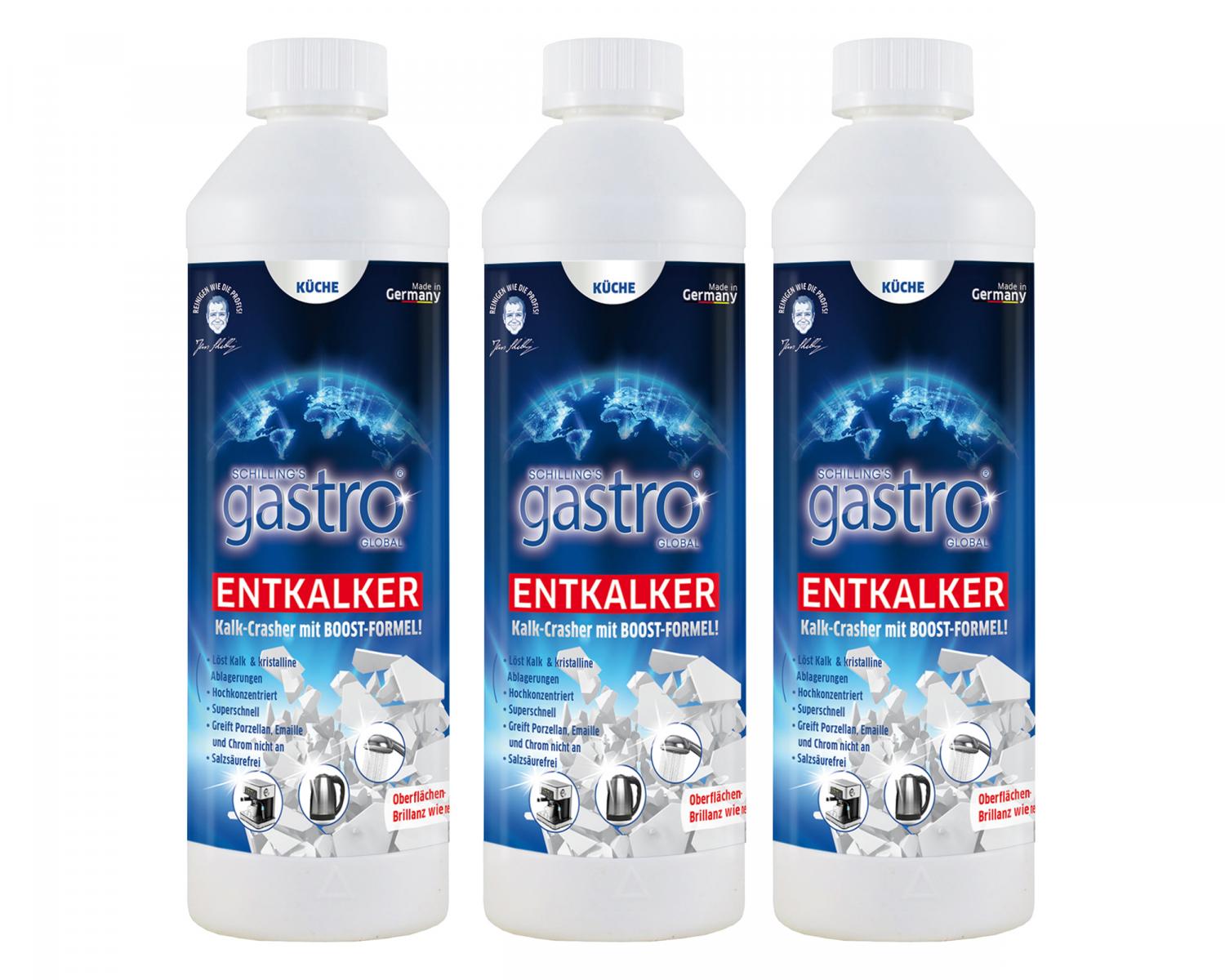   Schilling's gastro global Entkalker 3x500ml - Effektiver Entkalker für Haushalt und Küche - Kalklöser für Kaffeemaschinen, Wasserkocher u.v.m.