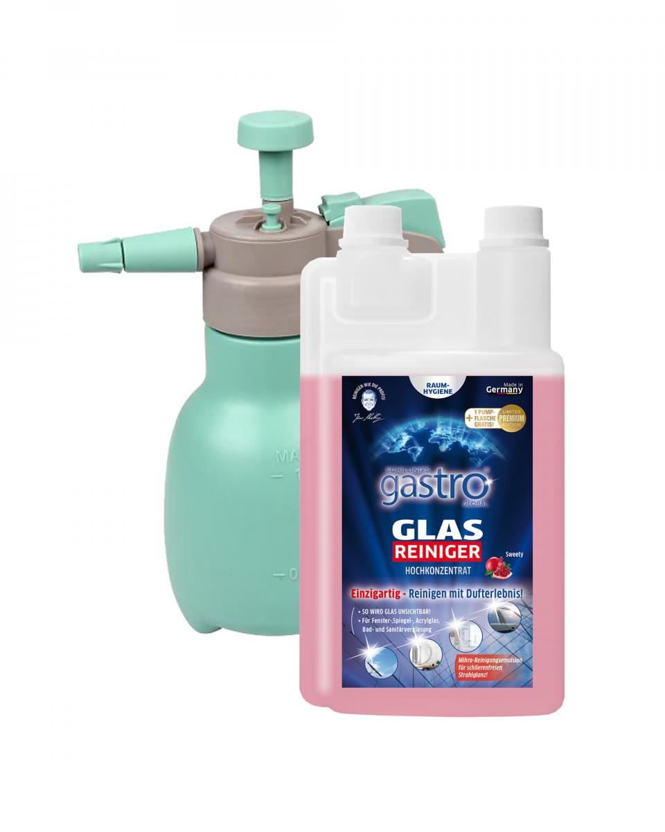 Schillings gastro Global Glasreiniger 1 Liter Sweety Duft + Pumpflasche türkis